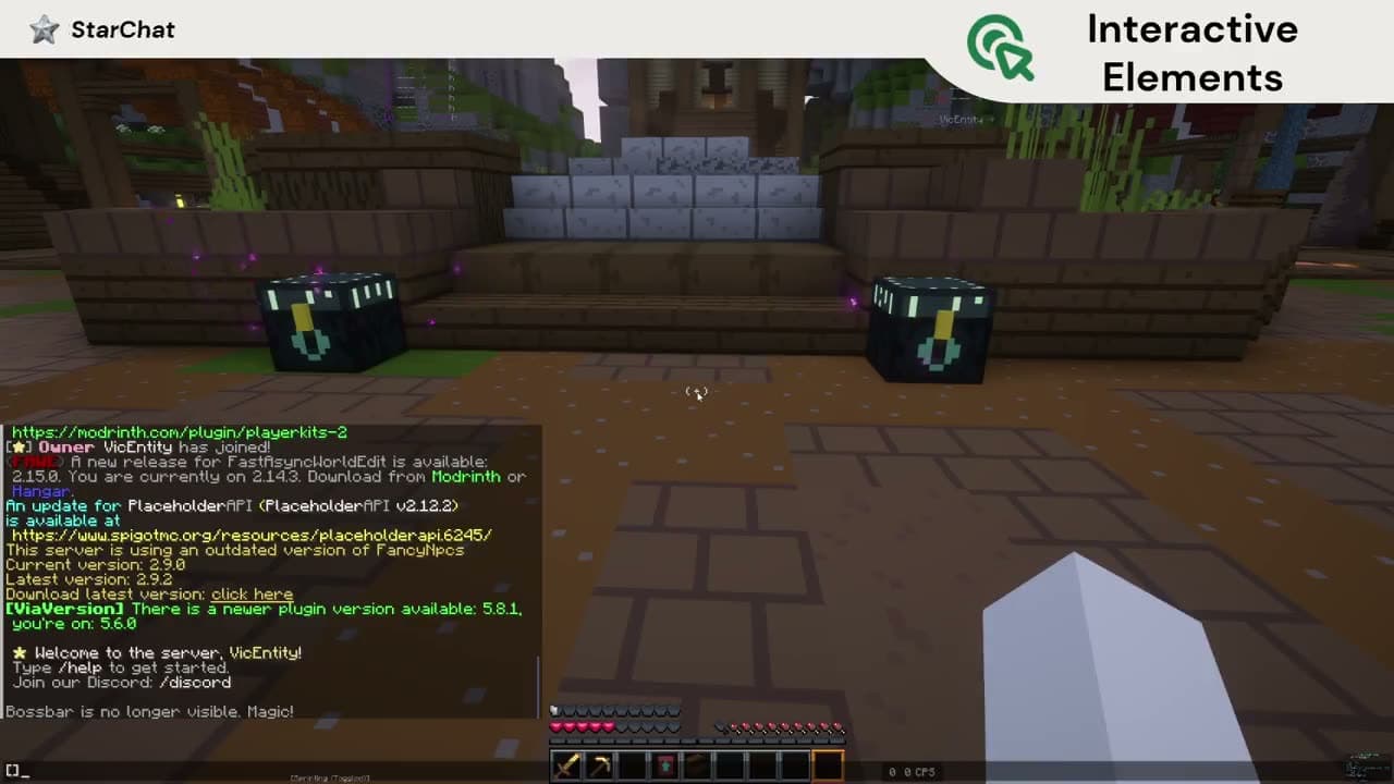 Player typing [item], [inv] and [ec] in chat — clickable preview opens a GUI