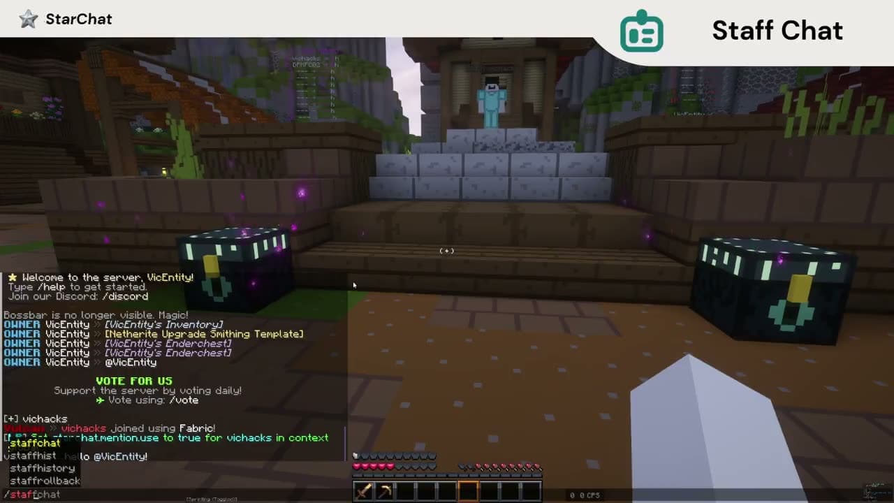 Staff chat in action — admin/mod/helper sub-channels with persistent actionbar